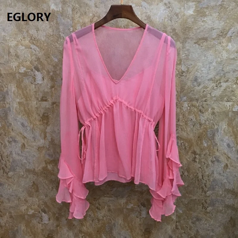 Высококачественная брендовая шелковая блузка Рубашки летние модные розовые фиолетовые блузки женские с v-образным вырезом на талии повседневные топы рубашки - Цвет: pink
