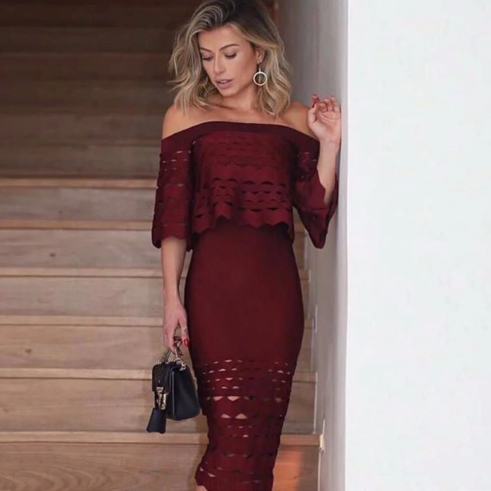 

High Quality Women Sexy Off Shoulder Wine Red Bandage Dress 2017 Knitted Elastic Party Dress