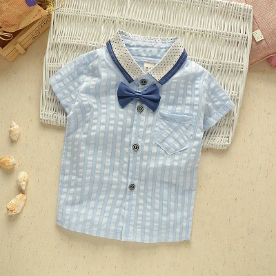 Детская одежда для мальчиков рубашки с бантом для малышей длинные рукава хлопок детская одежда рубашка с отложным воротником комплекты футболки - Цвет: Небесно-голубой