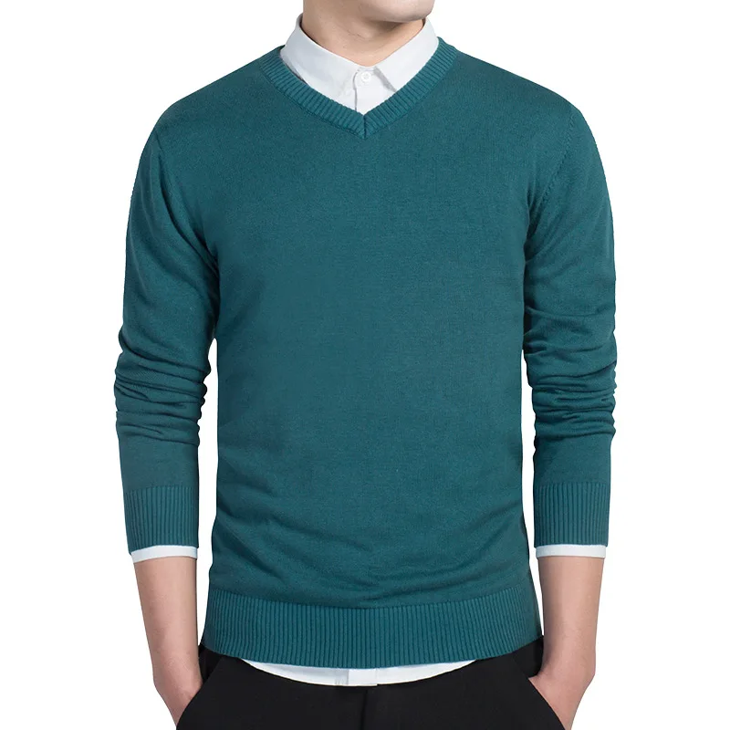 Весенние мужские свитер чистого цвета пуловеры простой стиль хлопок вязаный свитер с v-образной горловиной Джемперы тонкий мужской