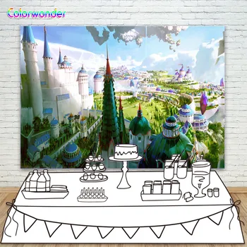 

Fairy Tale World White Brick Castles with Blue Roof Background Photography Green Garden White Clouds Backdrops for Photo Booth