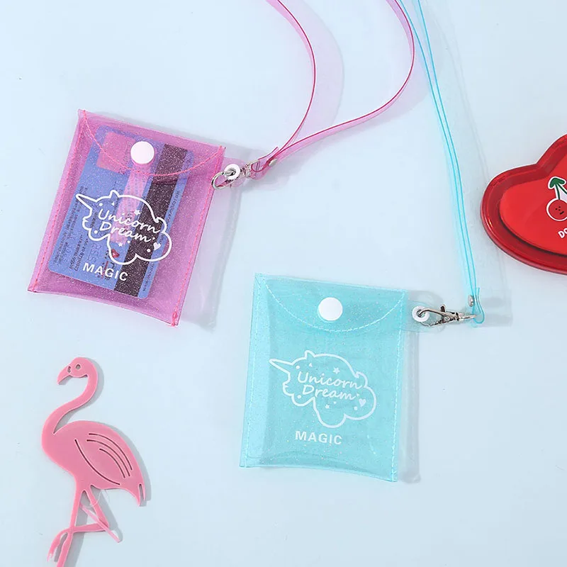 

Summer PVC Women Card Holder Square Jelly Wallet Neck Hanging Mini Bag Unicorn Coin Organizer Purse Girls Money Purse