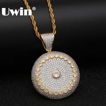 

Uwin Mens Hiphop Gold Color Chain& Pendants Round Circle Flower Pattern Necklace Full Iced Out CZ Cubic Zirconia Jewelry