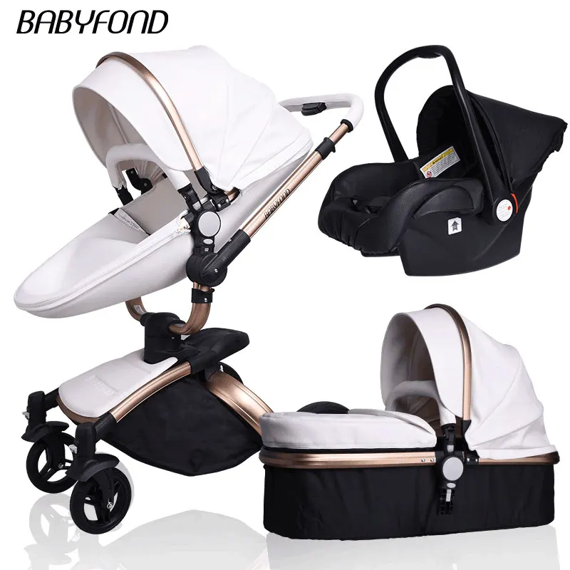 Babyfond, детская коляска, 3 в 1, детская коляска, кожаная, Двусторонняя подвеска, складная, на колесиках, европейская детская коляска, подарок ALUON - Цвет: black and white