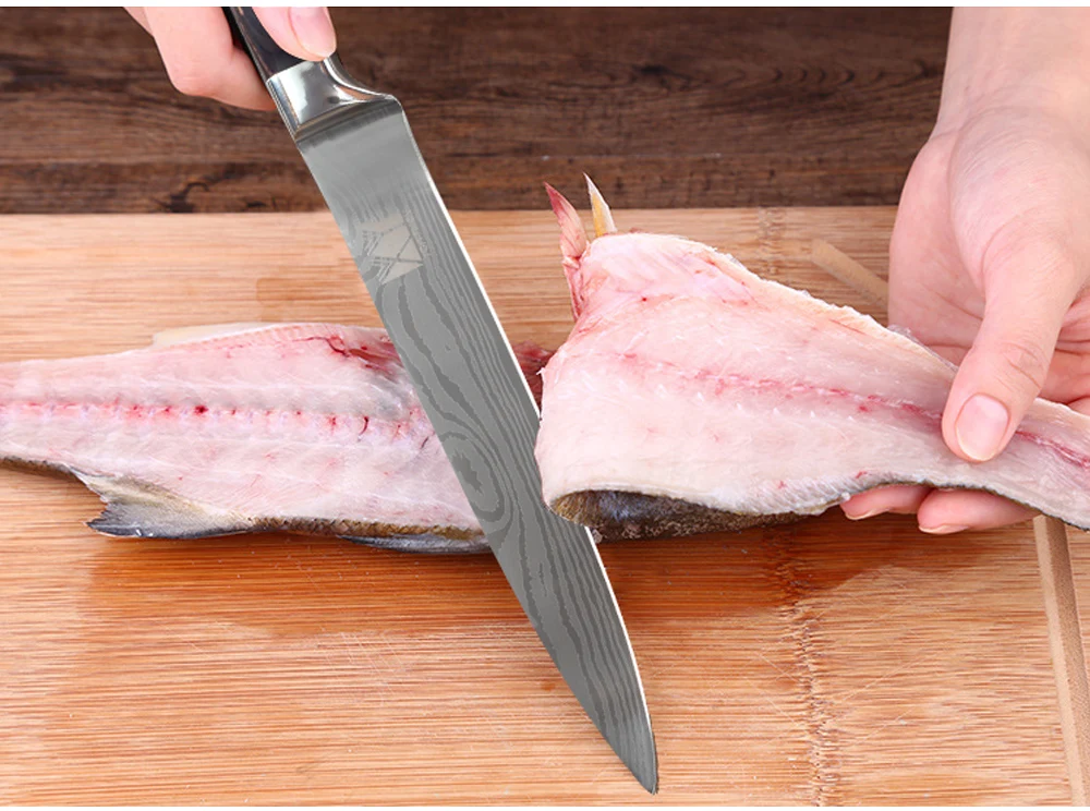 XYj одиночный дамасский кухонный нож серьги с размывом из нержавеющей стали нож 3,5, 5, 5, 7, 8, 8 дюймов Цветная деревянная ручка кухонные инструменты