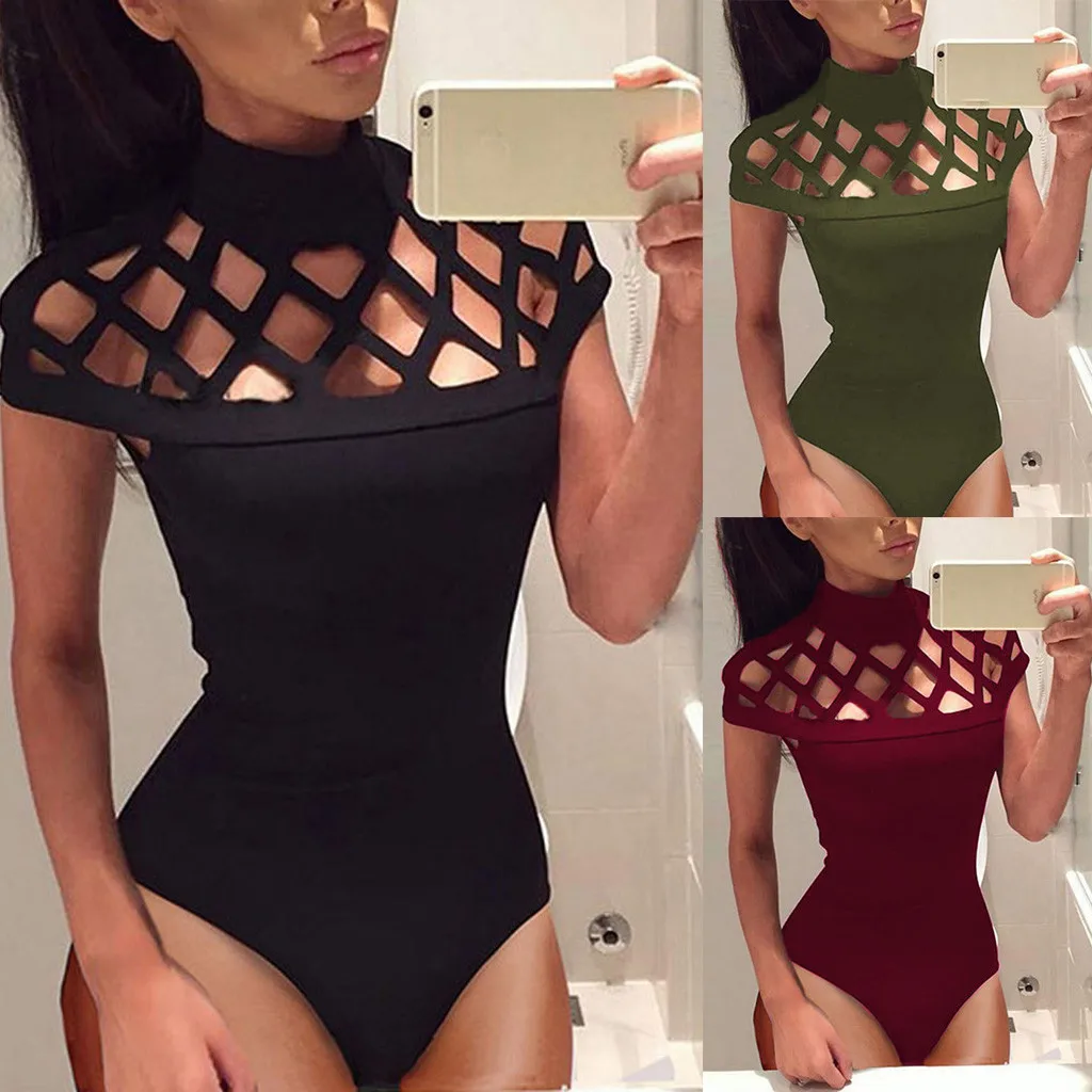 

Solid Color Sexy Bodysuit Womens Choker High Neck Bodycon Caged Sleeves Jumpsuit Bodysuit Tops Playsuit bodis de mujer 2019 #C