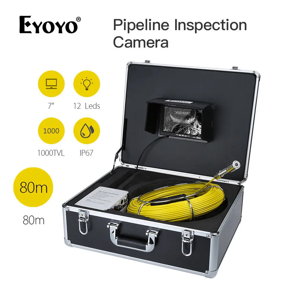 

EYOYO WF90 7" 80M Drain Pipe Pipeline Inspection Sewer Camera Snake Cam 1000TVL 12 White Led Lens Color Monitor Waterproof IP67