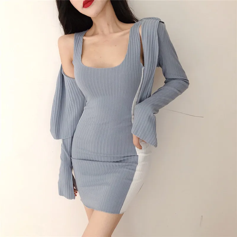 

gkfnmt Two Piece Set Women Shirt And Dress Suit 2019 Autumn Summer Dresses Casual Dress Femme Blue Pink