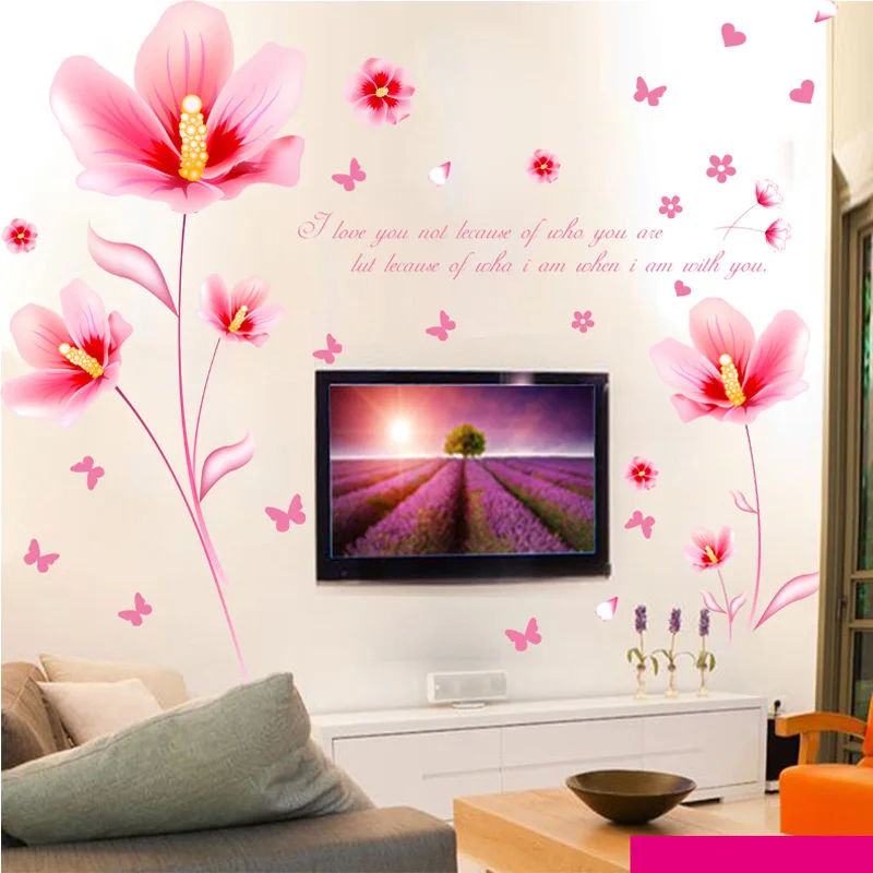 Pink Flowers wall stickers PVC Material Butterfly Flowers Wall Decals