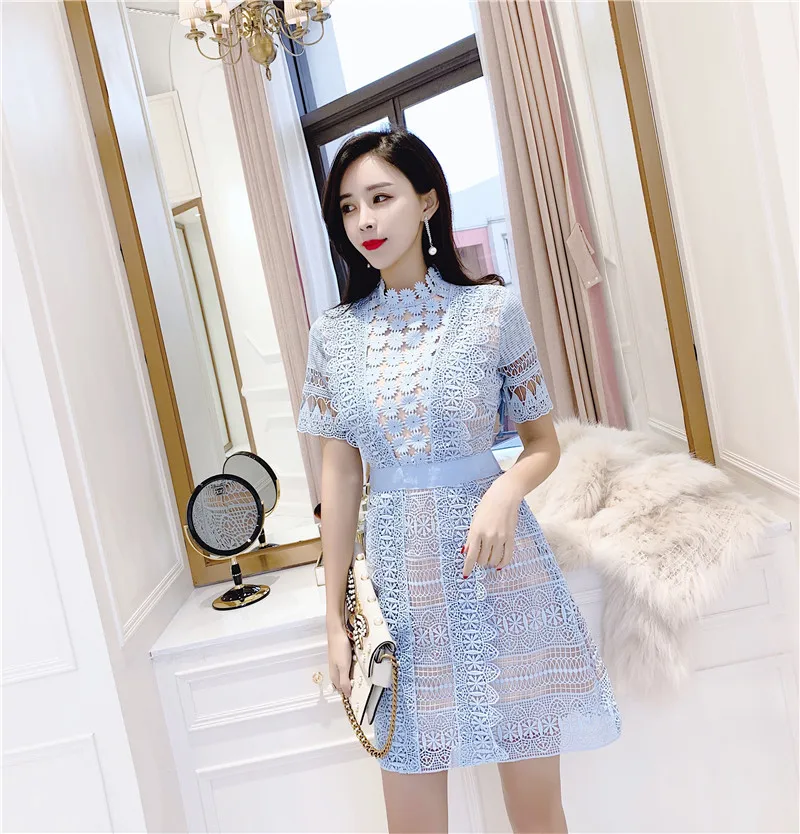 

2019 new lace dress spring and autumn ladies temperament high waist slim embroidery stitching A-line party casual dress
