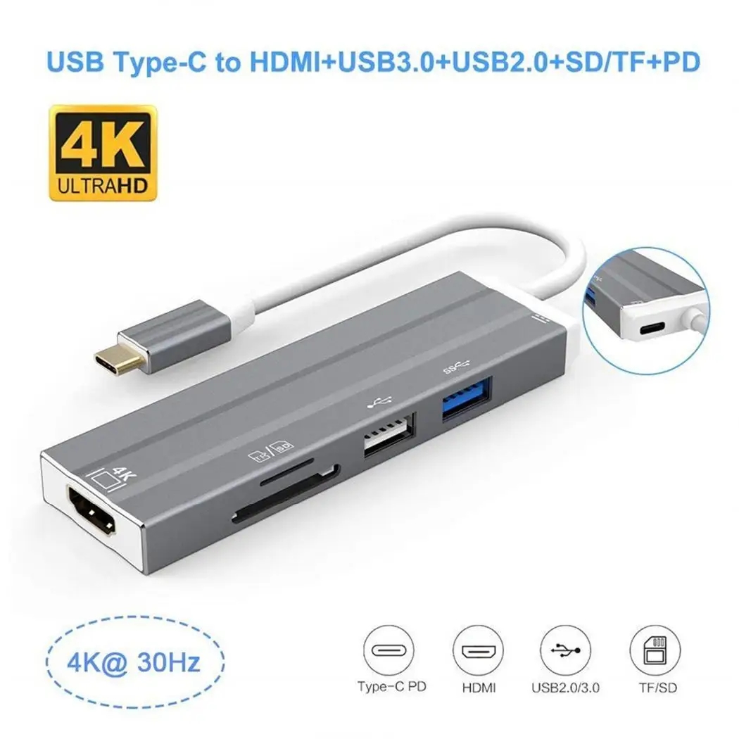 Тип-c концентратор Six-in-one type C к HDMI USB, концентратор 5 Гбит/с TF/sd-картой 6 1 6-в-1 считыватель поддержка зарядка PD