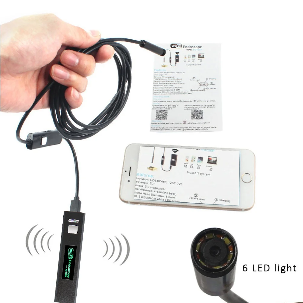 8LED HD Endoscope Borescope Pipe Camera Hard Line Waterproof Snake Camera Wireless Android
