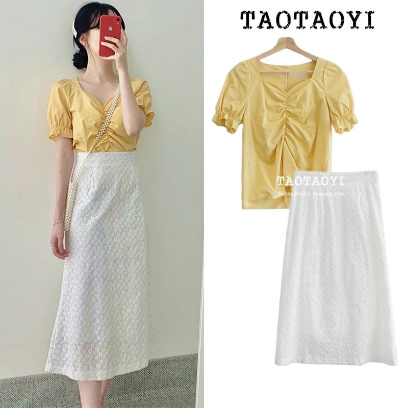 

Pleats V Neck Top Women Shirt Puff Sleeve Blouse Kawaii Ruffles Summer Chemise Femme Chemisier Blusa Mujer Camisa