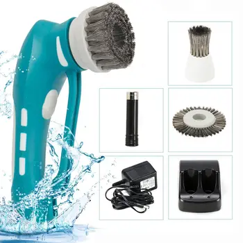 

1 set Handheld Household Electric Cordless Rechargeable Cleaning Scrubberwith Multiple Brush Head Tool US Plug(Blue)
