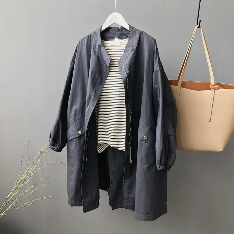 

Autumn New Women's Casual Long Windbreaker Female Wind Drawstring Washed Cotton Coat Large Size Outwear Loose Clothing