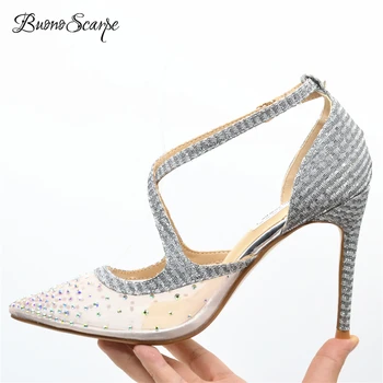 

Buono Scarpe Mesh Diamand High Heel Wedding Pumps Cross Tied Buckle Strass High Heels Luxury Brand Thin Heel Crystal SingleShoes