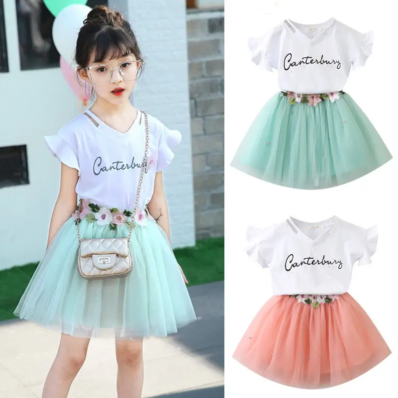 

Lovely Toddler Kids Girl Summer Clothes White T-shirt Tops+Flower Tutu Skirt 2PCS Outfits Princess Baby Clothing Set