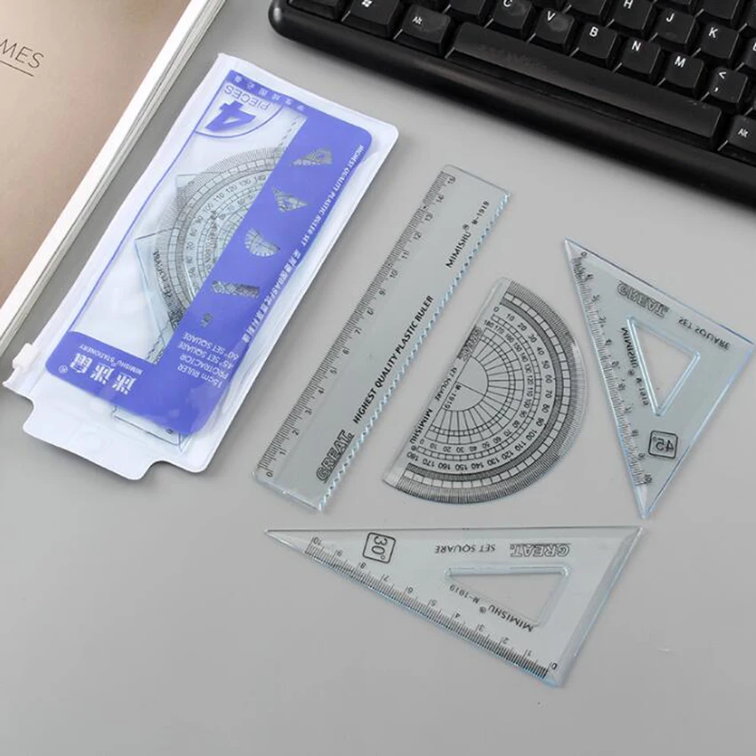 

4Pcs=1Pack students drawing school supplies Set square triangle ruler plastic protractor/four sets