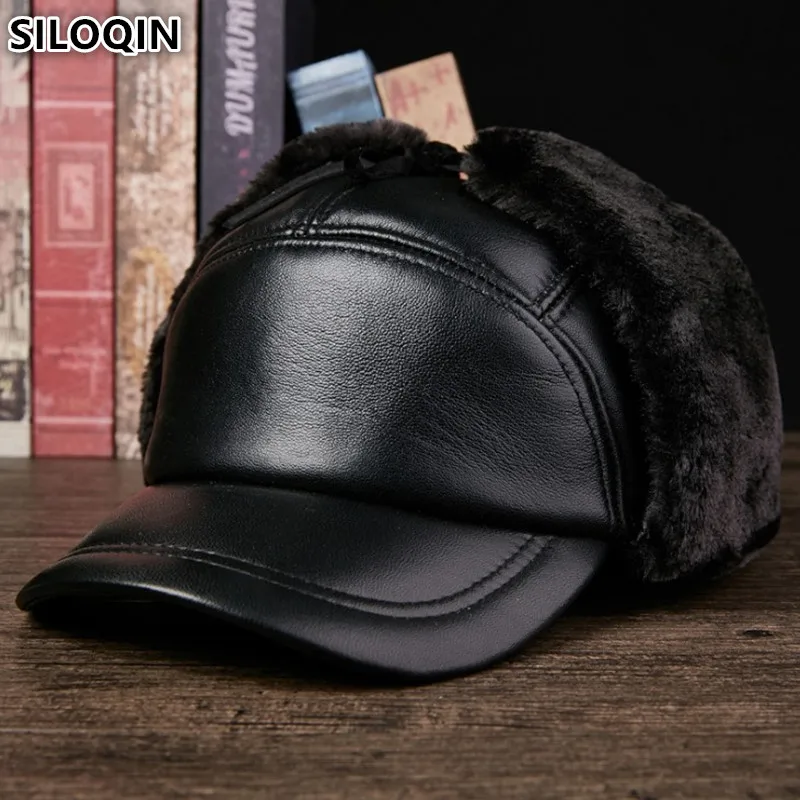 

SILOQIN Genuine Leather Hat Winter Men's Cap Bomber Hats Extra Thicker Plus Velvet Warm Sheepskin Earmuffs Hat For Men Dad Caps