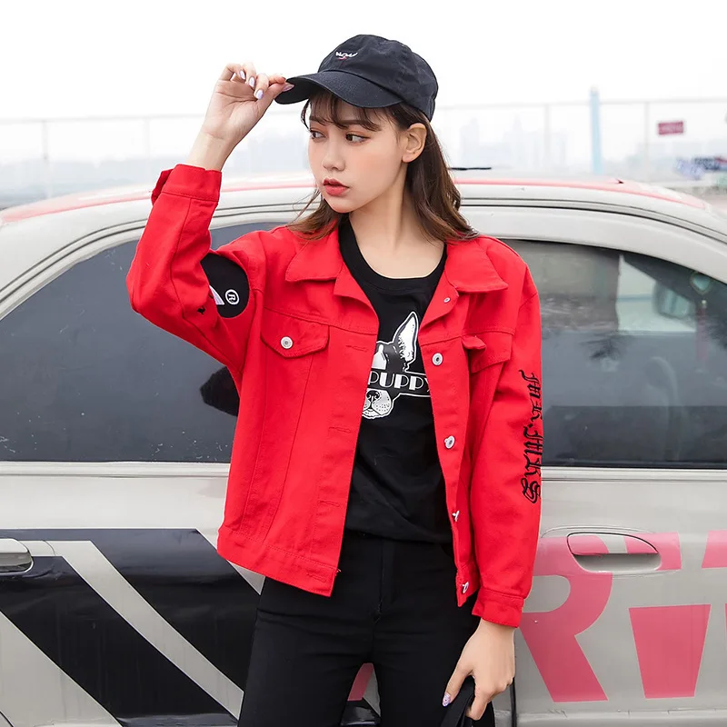 

#3319 Autumn Harajuku Harajuku Red Short Denim Jacket Women Embroidery Letter Streetwear Fashion Hip Hop Jeans Jackets Ladies