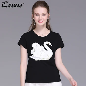 

IZEVUS 2019 new women's short-sleeved versatile color print Swan Cubs Earth Piglet Cotton short-sleeved T-shirt Ladies Tops