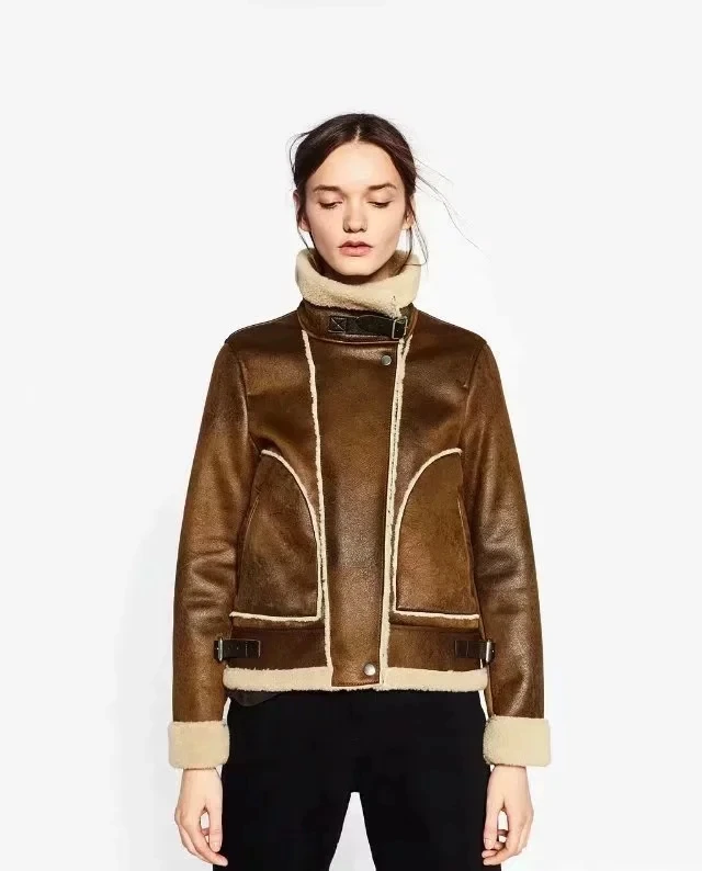 Roulé Thcik En Flétri Col Flocage Veste La Vintage Femmes Harajuku Plus Doublure Taille Laine Suede Cuir Camel Hiver Manteau nWw1OYwqrz