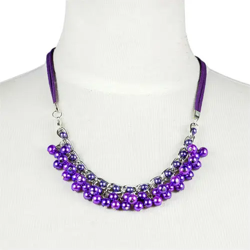 purple simulated pearl beaded necklace with suede cord necklace for