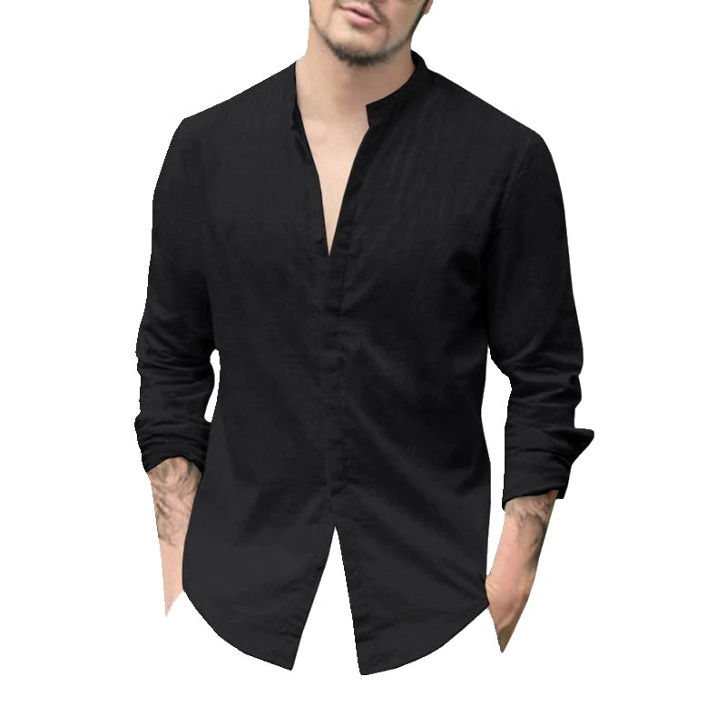 Классические мужские деловые рубашки, Умные повседневные Роскошные тонкие хлопковые и льняные рубашки с длинным рукавом - Цвет: Черный