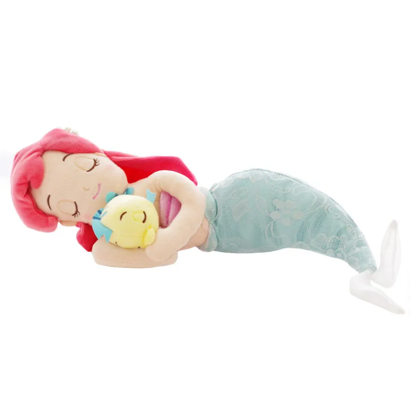 Sleeping Little Mermaid Princess Ariel Holding Flounder Fish Plush Toy