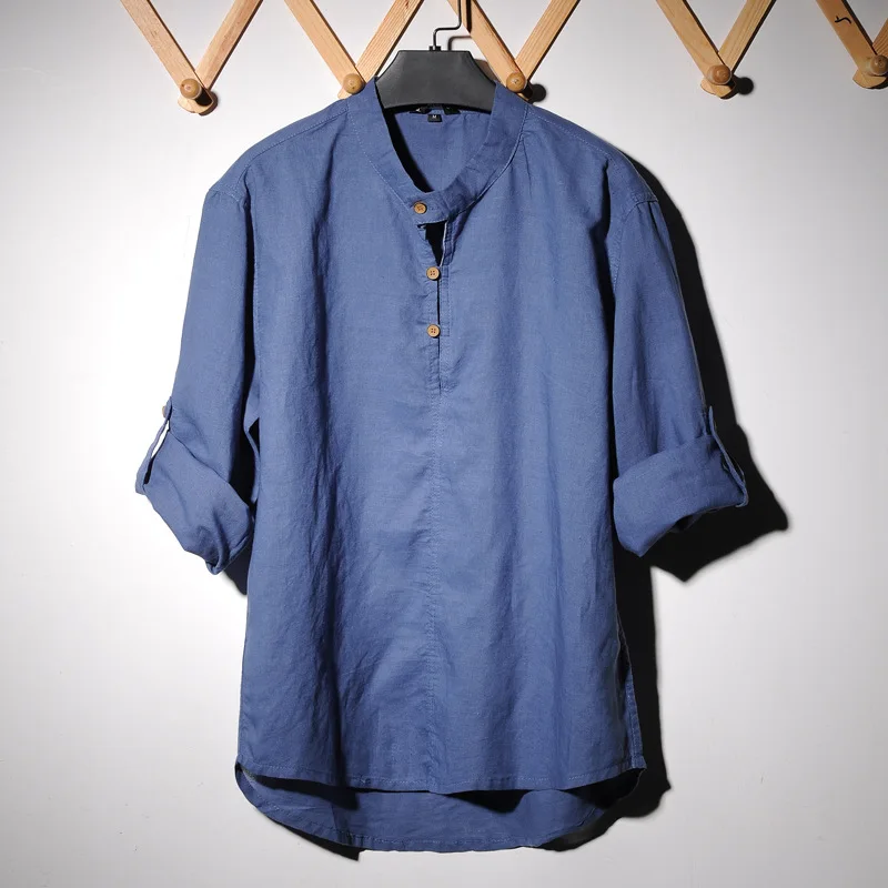 

Men's Solid Linen Shirt Cotton Long Sleeve Shirt Male Pollover Shirt