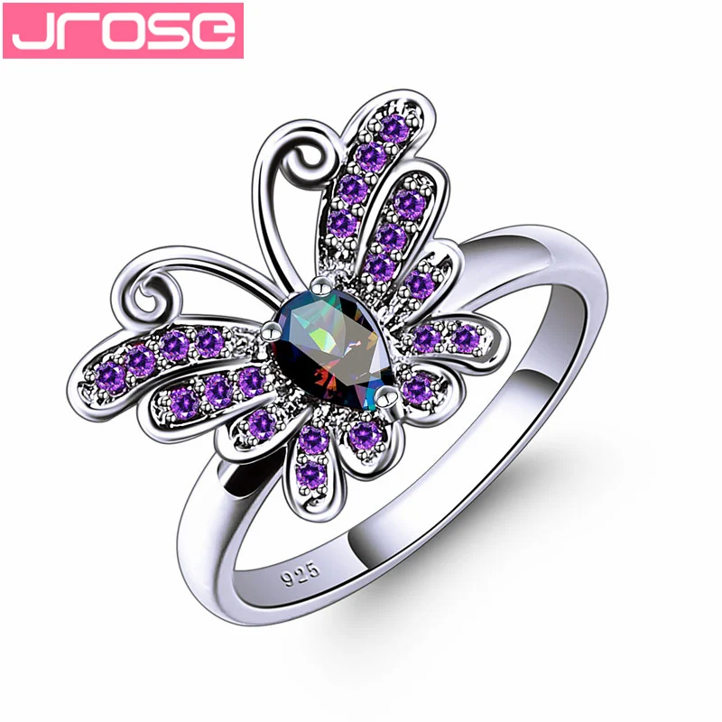 JROSE, Новое поступление, фирменный дизайн, кольца для женщин, для свадьбы, помолвки, серебро 925, ювелирное изделие, многоцветная и розовая циркония, в форме бабочки - Цвет основного камня: Многоцветный