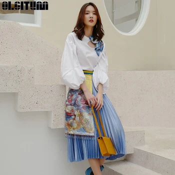 

OLGITUM New 2020 Spring Female High Waist Patchwork Elastic Floral Retro Print Tassel Sashes Women's Pleated Skirt SK423