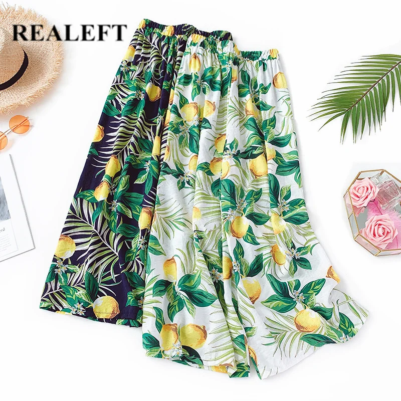 

REALEFT Summer 2019 New Arrival Women Full Length Pant Lemon Print Beach Bohemian High Waist Elastic Cotton Linen Wide Leg Pants
