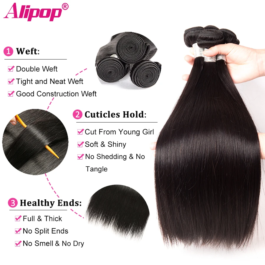 Alipop Hair Peruvian Straight Hair Bundles Human Hair Bundles 3 Bundle Deals Double Weft Remy Hair Extension Natural Color