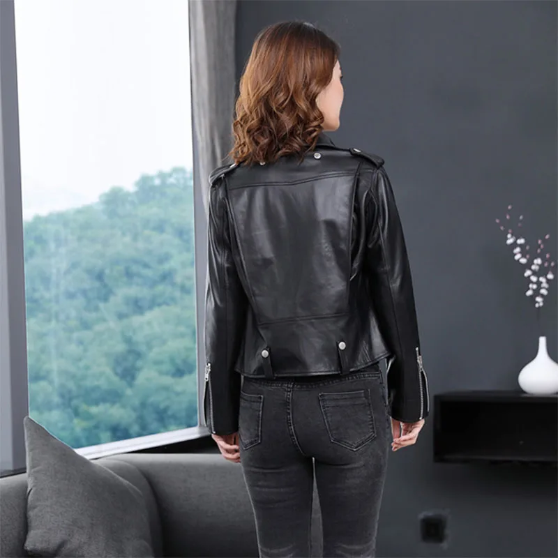 Texiwas Peau Biker Cuir Réel Court Véritable Printemps En Veste Femelle Bomber Manteau Mode Femmes De Survêtement Mouton Noir FSrwFqz