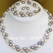 Черный Белый пресной воды Жемчужное ожерелье, браслет, серьги(C0322