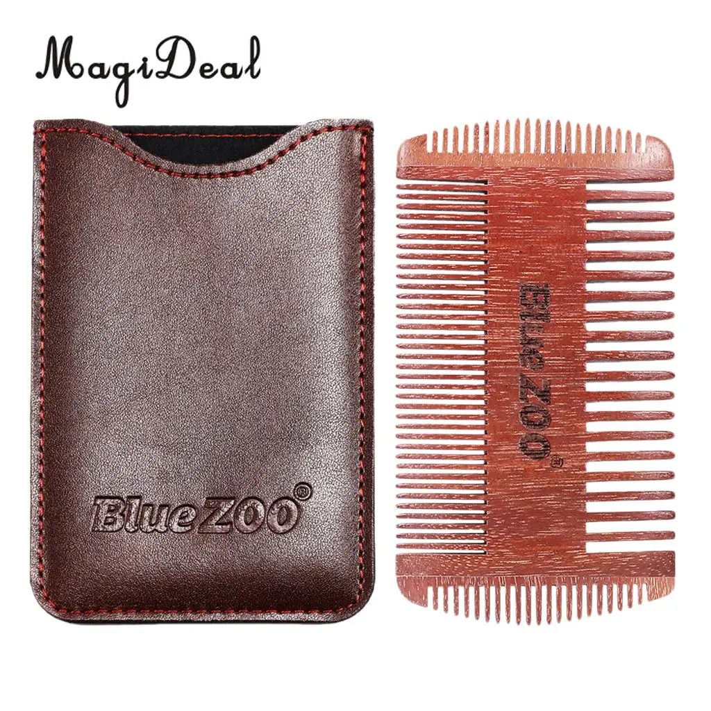 Anti Static Natural Sandalwood 4 Sided Fine Coarse Teeth Men Beard Mustaches Grooming Shaving Comb with PU Leather Bag Case