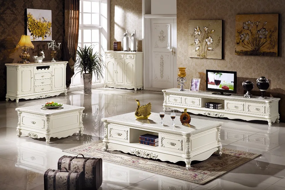 الأبيض خشبي غرفة المعيشة مجموعة طاولة القهوة + نهاية الجدول + حامل تلفاز + طاولة وحدة التحكم صنع في الصين الأثاث