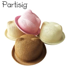 Детская Летняя шляпка, соломенная шляпа от солнца с ушками для девочек, пляжные Панамы для мальчиков, детские шляпы кепки с рисунками