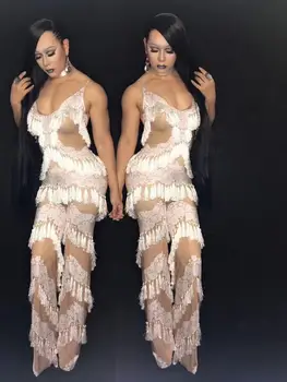 

Nightclub Sexy Tassel Jumpsuit White Fringed Female Singer Rompers Dj Stage Outfits Party Women Bodysuit CLothing