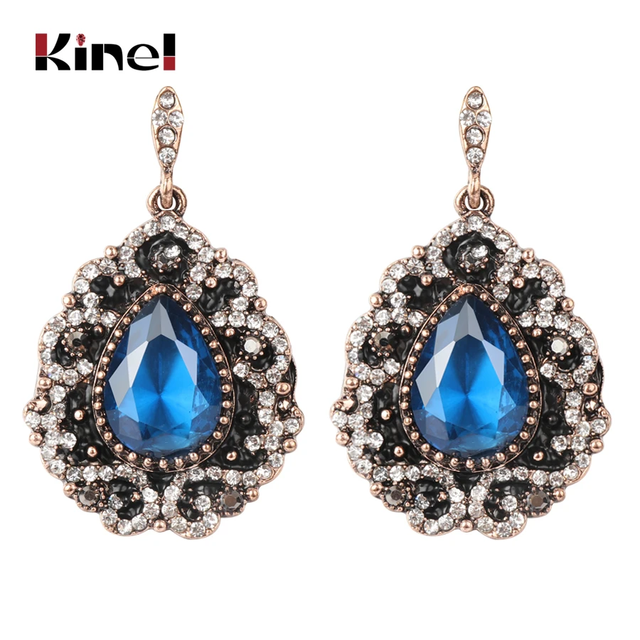 

Kinel Luxury Boho Blue Big Earring For Women Black Enamel White Rhinestones Fashion Antique Gold Vintage Jewelry Best Gift