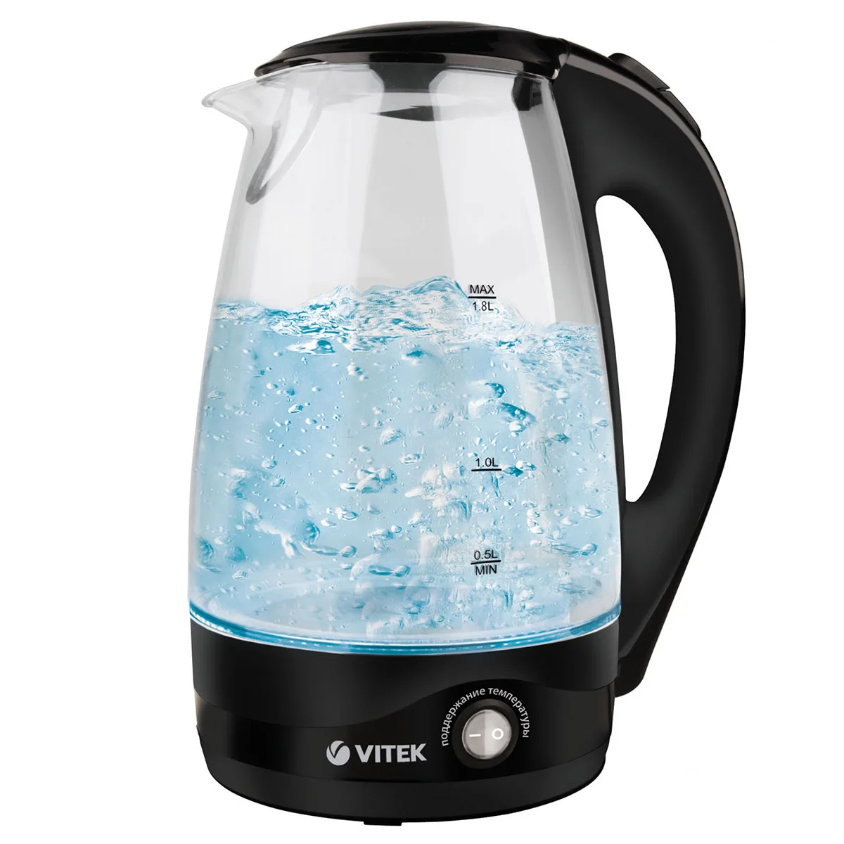 Чайник электрический VITEK VT-7034 TR (Мощность 2200 Вт, объем 1.8 л, стеклянный корпус, функция поддержания температуры, фильтр, подсветка)