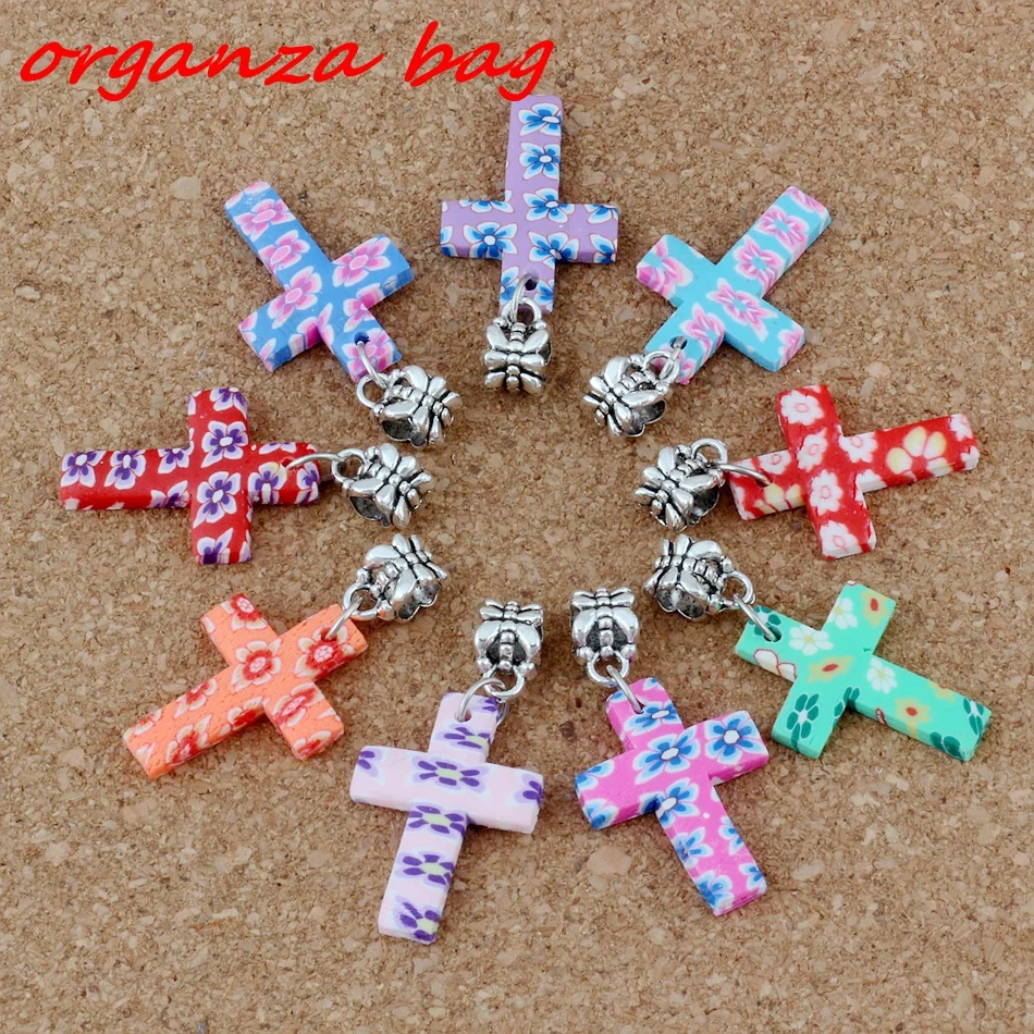 

MIC 100PCS Random Mixed Polymer Fimo Clay Cross Crucifix Dangles Beads Fit European Charm Bracelet Jewelry DIY 18x37mm A-221a