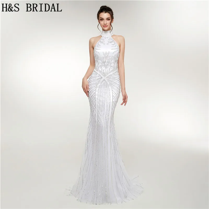 

H&S Bridal Halter white elegant evening dress long mermaid full beaded formal evening gowns Robe De Soiree