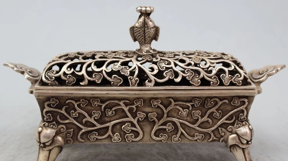 

13" Marked Chinese Silver Fish Beast handle flower Incense Burner Censer