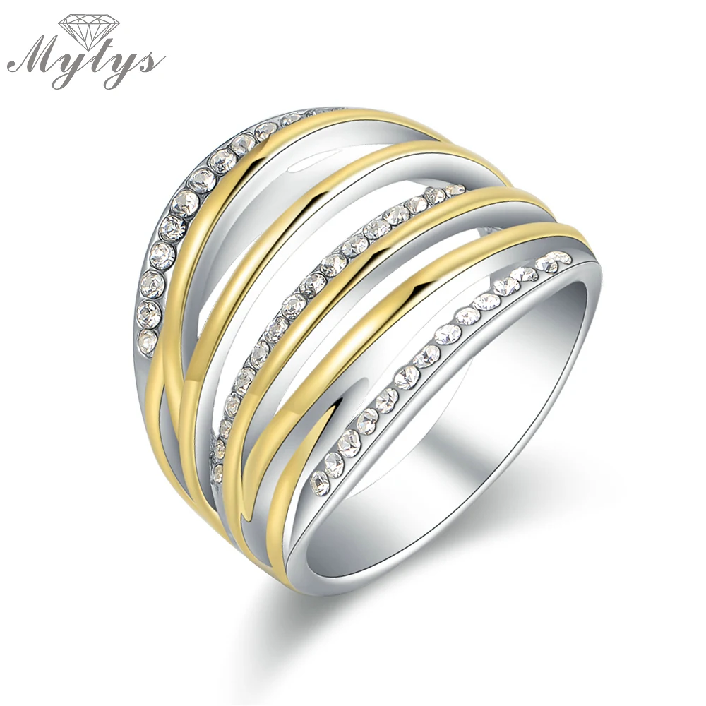 

Mytyts New Design Geometric Hollow Multi Line Rings For Women Crystal Invisible Setting Gold and White Color Rings R1208