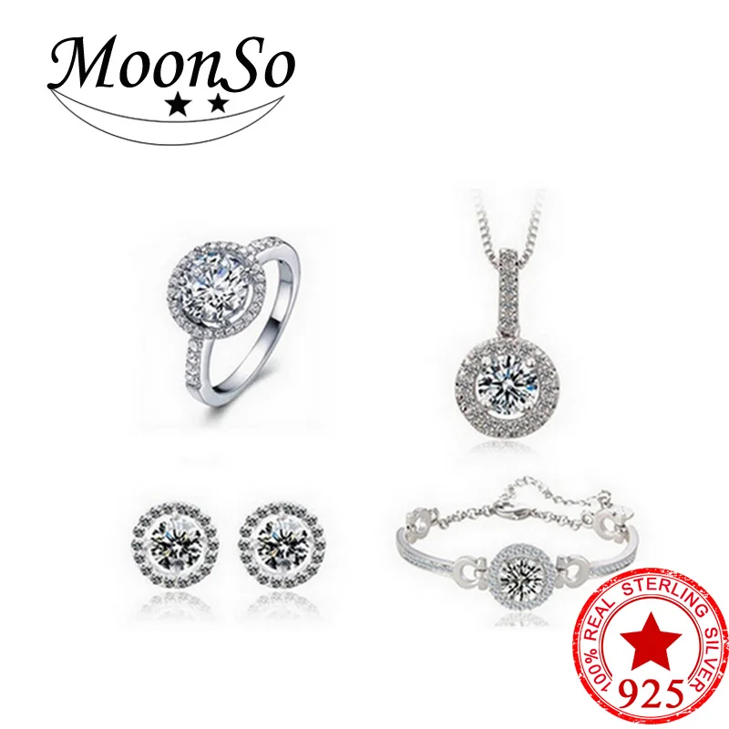 Moonso Настоящее Стерлинговое Серебро 925 CZ Свадебные обручальные наборы ювелирных изделий для женщин LJ304S