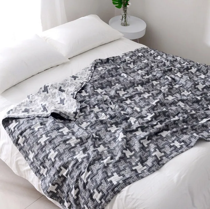 

4-layer 100% Cotton Blanket Woven Throw blankets for beds Grey Color Soft Queen Size blanket for Sofa Adults