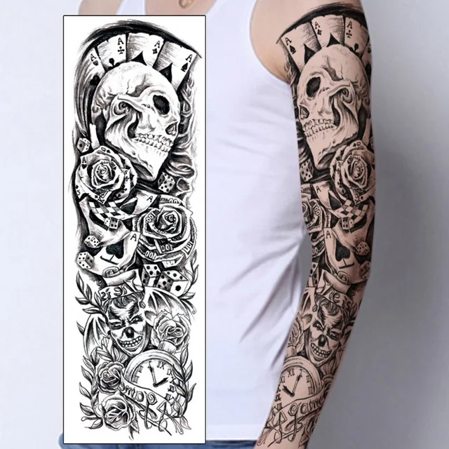 Bras complet temporaire manches de tatouage paon pivoine dragon crâne conceptions étanche Cool hommes femmes tatouages autocollants peintures d'art corporel 4