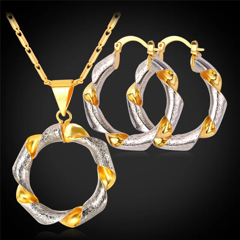 Hoop Earring Pendant Necklace Set Fashion Jewelry For Women Gold Color